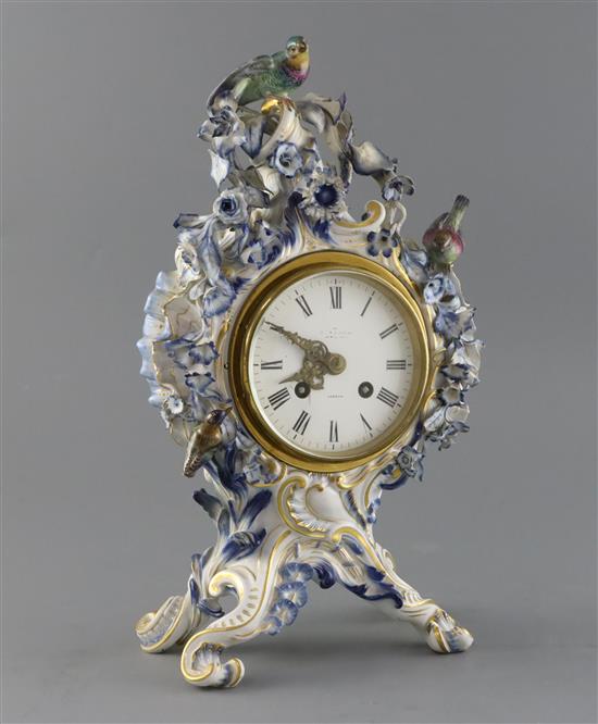 A Meissen flower encrusted mantel clock, late 19th century, H. 34.5cm, restored